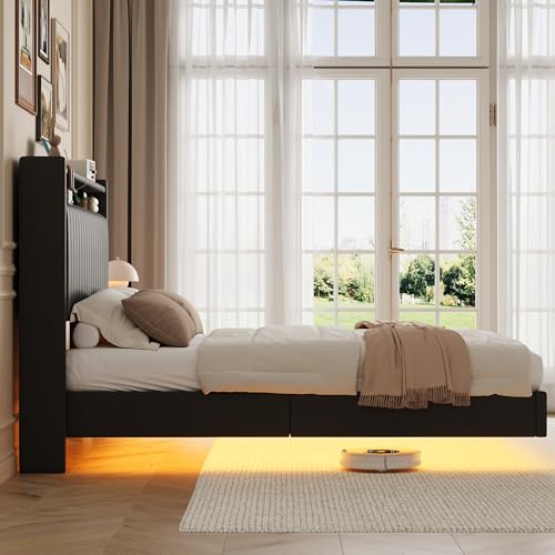 GarveeHome Full Size Floating Bed Frame with RGB LED Lights & Charging Station, Upholstered Platform Bed Frame with Storage Headboard, 50" Tall Headboard Leather Full Bed No Box Spring Needed, Black GarveeHome