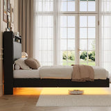 GarveeHome Full Size Floating Bed Frame with RGB LED Lights & Charging Station, Upholstered Platform Bed Frame with Storage Headboard, 50" Tall Headboard Leather Full Bed No Box Spring Needed, Black GarveeHome