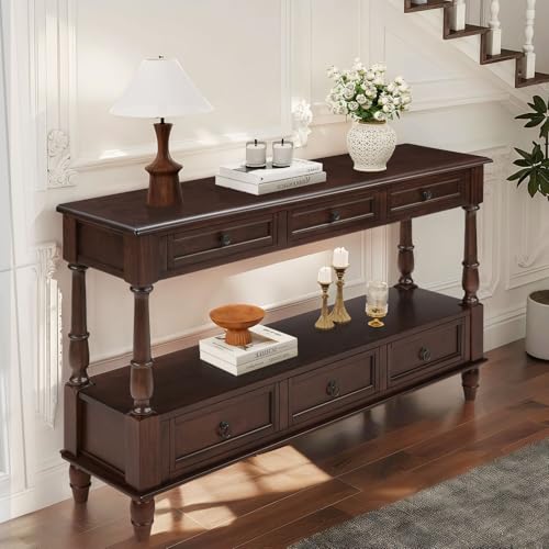 LKTART 54'' Solid Wood Console Table, Farmhouse Entryway Table with 6 Drawers and Shelf, Narrow Long Sofa Table with Storage for Living Room Hallway, Couch, Foyer (Espresso) LKTART