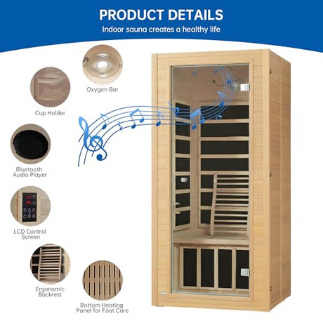 RESTISLAND Infrared Sauna Room for Home, Near Zero EMF Wooden 1 Person Indoor Home Sauna with Bluetooth, LCD Control Panel, Chromo Therapy Light RESTISLAND