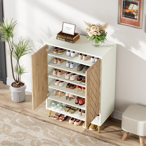 Tribesigns Shoe Cabinet with Doors, 6-Tier 18 Pairs Shoe Storage Cabinet for Entryway, Wooden Entryway Shoe Cabinet with Adjustable Shelves for Living Room, Bedroom (Brown, Gold Legs) - WoodArtSupply