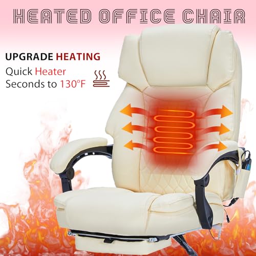 Massage Office Chair with Foot Rest 6 Points Vibration and Heat Home Office Desk Chairs for Heavy People 400lbs Reclining Managerial Chairs Ergonomic Executive Chair (Cream) HESL