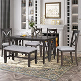 6 Pieces Dining Table Set with Bench, Wood Rectangle Table, 4 Chairs and Bench with Cushion, Kitchen Table Chairs Set for 6 Persons (Espresso) Merax