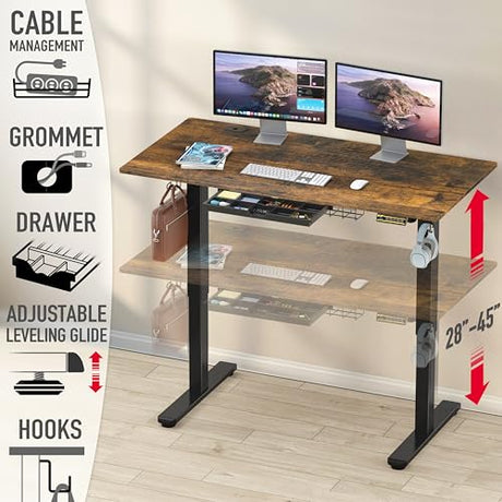 SHW 55 x 28 Inches Electric Height Adjustable Standing Desk with Drawer and Memory Preset, Rustic Brown SHW