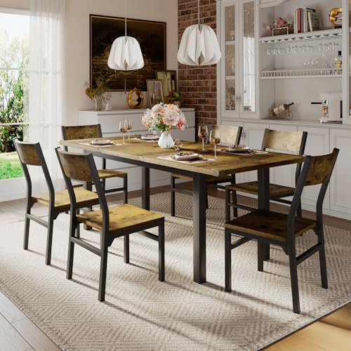 iPormis 7-Piece Dining Table & Chairs Set for 4-6, 63" Extendable Kitchen Table with 6 Chairs, Dining Room Table with MDF Board & Metal Frame, Perfect for Small Space,Easy Assembly, Rustic Brown iPormis