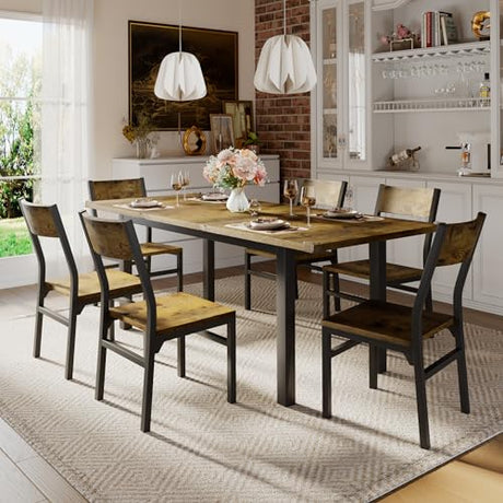 iPormis 7-Piece Dining Table & Chairs Set for 4-6, 63" Extendable Kitchen Table with 6 Chairs, Dining Room Table with MDF Board & Metal Frame, Perfect for Small Space,Easy Assembly, Rustic Brown iPormis