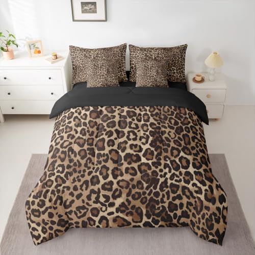 Erosebridal Leopard Print 7 Piece Bedding Set Queen Cheetah Decor Comforter Set with Sheets Geometric Modern Bed in A Bag African Safari Animal Bed Sets with 2 Pillowcases, 2 Throw Pillow Covers Erosebridal