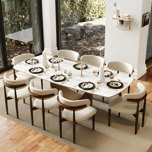 POVISON 94" Modern Dining Table for 8-10, Hobart Matte White Dining Room Table, Sintered Stone Tabletop with Bronze Carbon Steel Pedestal, 94 inch Rectangle Dining Table (Table Only) POVISON
