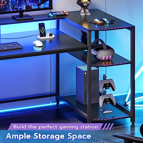 SEDETA Gaming Desk 70.8'' with LED Lights and Storage Shelves, Computer Desk with Monitor Stand, Power Outlets and Cup Holder, Large PC Gamer Desk, Gaming Table for Bedroom, Living Room, Black SEDETA