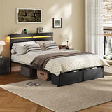 Forestell Full Size Bed Frame with Wood Headboard, Black Platform Bed with 2 Storage Drawers & Shelf, Built in Charging Station & LED Lights, Metal Support, No Box Spring Needed, Camas Full Forestell
