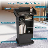 Qriocioa Podium Stand with Metal Wheels Wooden Lectern Podium Stand Portable Pulpit Standing with Storage Mobile Reception Podiums Desk for Church Office School Conference Restaurant Meeting, Black