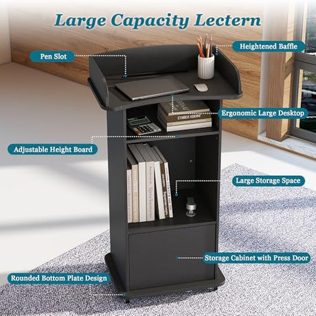 Qriocioa Podium Stand with Metal Wheels Wooden Lectern Podium Stand Portable Pulpit Standing with Storage Mobile Reception Podiums Desk for Church Office School Conference Restaurant Meeting, Black Qriocioa