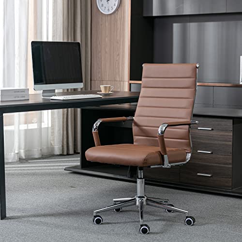Okeysen Office Desk Chair, Ergonomic Leather Modern Conference Room Chairs, Executive Ribbed Height Adjustable Swivel Rolling Chair for Home Office. (Brown) Lepdep