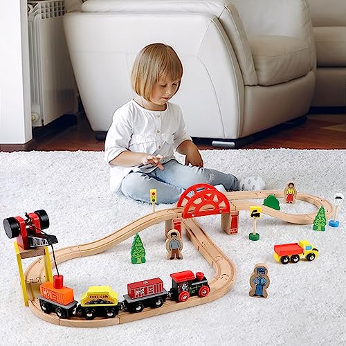 Qilay Wooden Train Set for Toddler - 39 Pcs Wooden Train Tracks with Crane, Bridge & 5 Wooden Trains - Train Toys for 3,4,5 Year Old Boys & Girls - Qilay