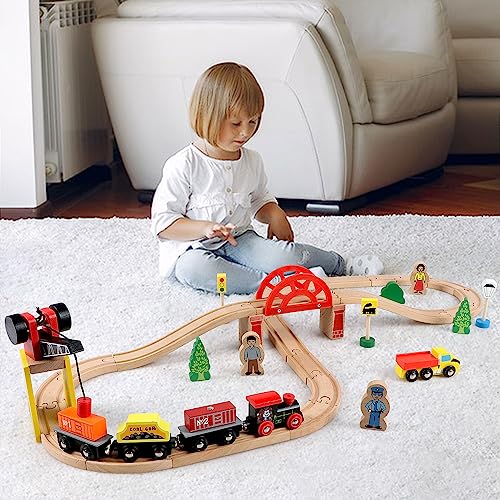 Qilay Wooden Train Set for Toddler - 39 Pcs Wooden Train Tracks with Crane, Bridge & 5 Wooden Trains - Train Toys for 3,4,5 Year Old Boys & Girls - - WoodArtSupply