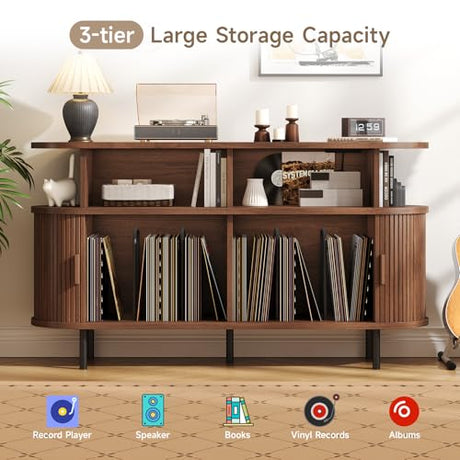 55" Large Round Record Player Stand with Charging Station, Vinyl Record Storage Cabinet, Mid Century Modern Turntable Stand with Open Shelves Holder for Bedroom Living Room, Sliding Doors (Walnut) ONBRILL