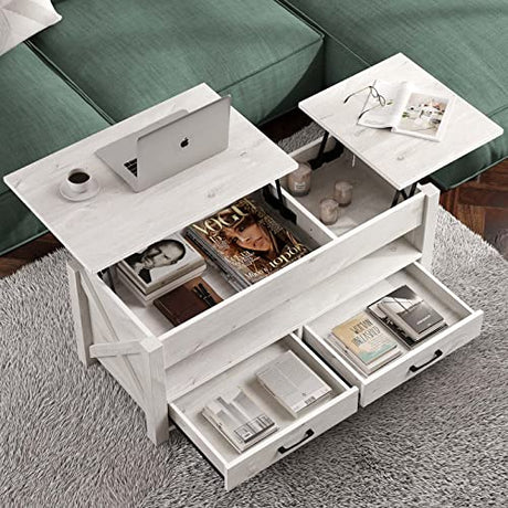Seventable Coffee Table, 47.2" Lift Top Coffee Table with 2 Storage Drawers and Hidden Compartment, Retro Center Table with Wooden Lift Tabletop for Living Room, Gray Seventable