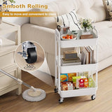 3 Tier Rolling Cart with Wheels, White Plastic Three Tiered Roller Shelf Cart on Lockable Wheels, Small Utility Storage Organzier Carts for Craft, Art, Baby Diaper Caddy, Snack, Dorm, Kitchen,Bathroom