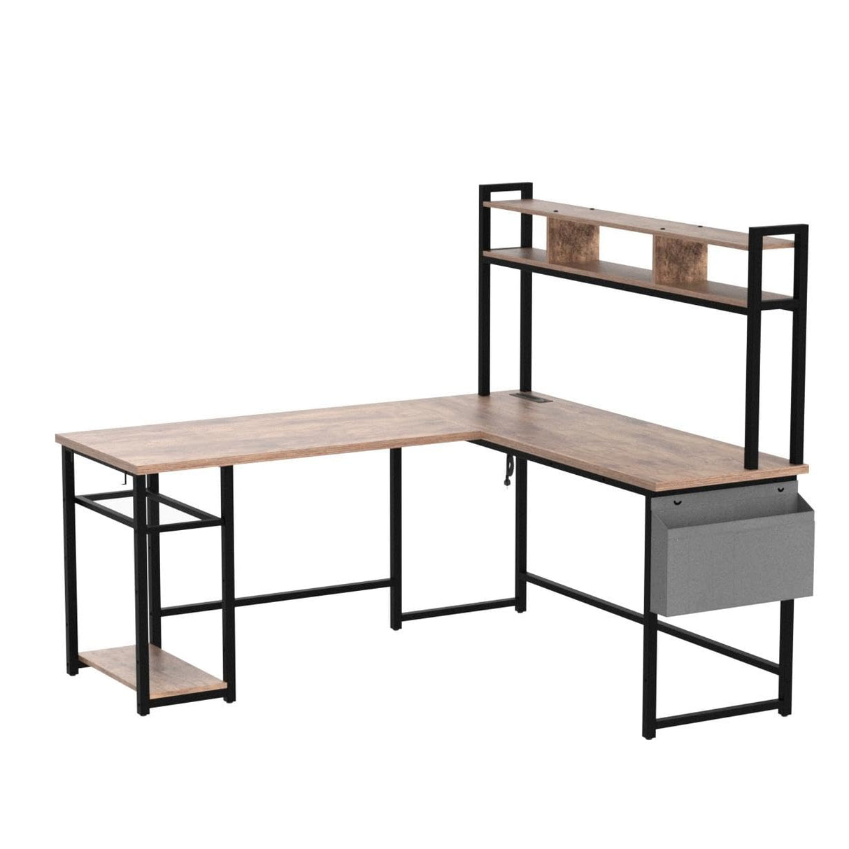 Aheaplus Reversible L-Shaped Desk with Power Outlet & LED Lights - Rustic Brown Home Office & Gaming Setup Aheaplus