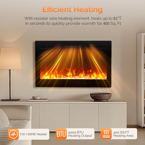ROVSUN 30'' Electric Fireplace, 2-in-1 Ultra-Thin Wall Mounted & Recessed Fireplace with WiFi & Remote Control & Touch Screen, 1500W Wall Heater with 12 Realistic Flame Color, Timer & Crystal ROVSUN