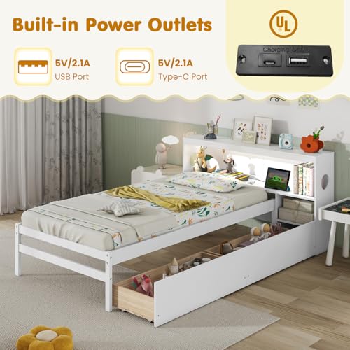 Giantex Wood Twin Bed Frame with Storage Drawer & Headboard, Modern Platform Bed with Charging Station & LED Light, Built-in Nightstand, Single Bed with Slats Support, Twin Bed Frames for Kids (White) Giantex