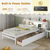 Giantex Wood Twin Bed Frame with Storage Drawer & Headboard, Modern Platform Bed with Charging Station & LED Light, Built-in Nightstand, Single Bed with Slats Support, Twin Bed Frames for Kids (White) Giantex