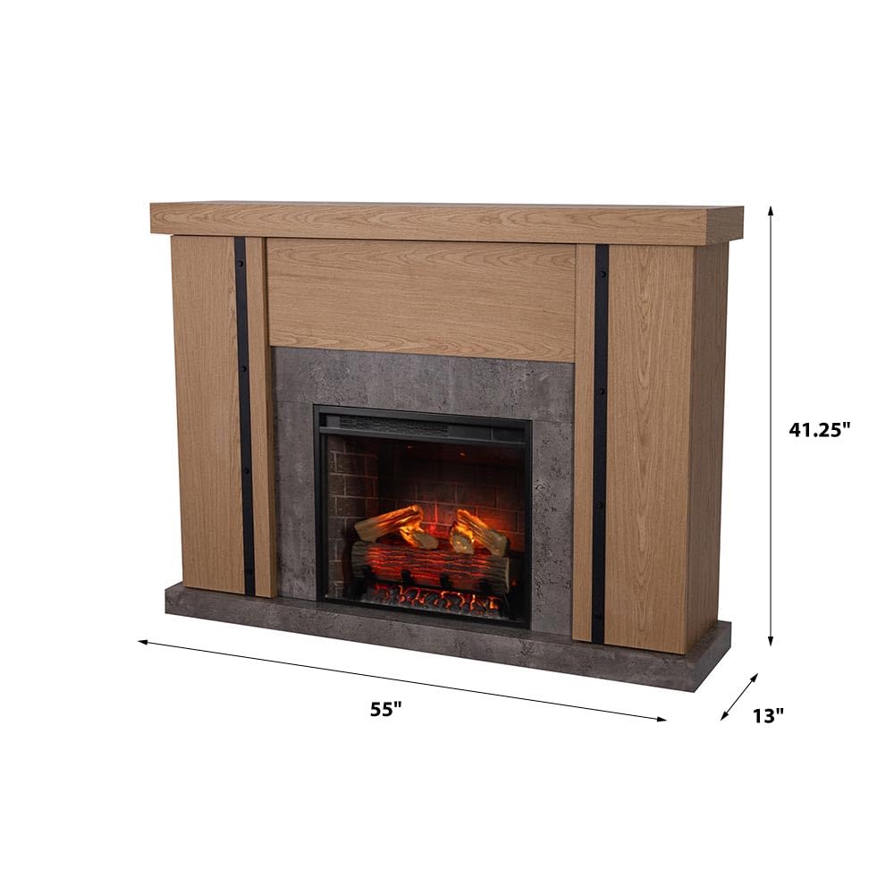 Country Living Graham 55 Inch Mantel Package | 23 Inch Smart Electric Fireplace Insert Heater w/Remote | Oak Wood Finish | Hidden Storage Space | Alexa & Google Compatible | Multi-Color Flames