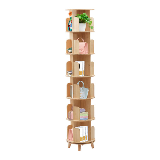 Stylish 6-Tier Rotating Wooden Bookshelf - 360° Floor-Standing Organizer for Home and Study - WoodArtSupply