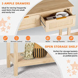 LAZZO Rattan Console Table Boho Entryway Table Narrow Long Sofa Table Hallway Foyer Table Behind Couch Table with 3 Drawers and Open Storage Shelf for Living Room and Corridor Natural Wood LAZZO