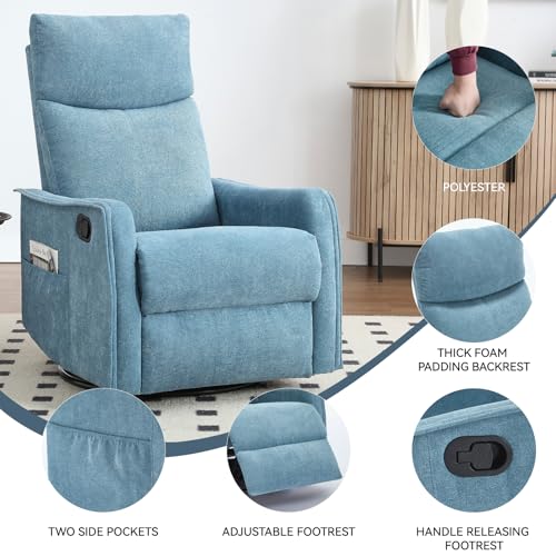 Kolavess Swivel Rocker Recliner Chair for Adults, Nursery Rocking Chair with Heat and Massage, Glider Reclining Chair for Small Space Living Room Bedroom, Blue