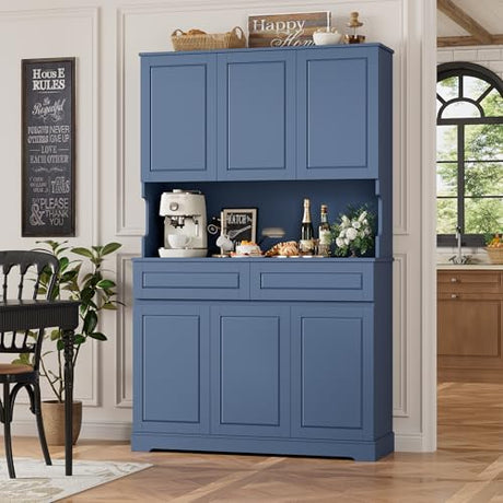 FACBOTALL 74" Pantry Cabinet, Tall Kitchen Pantry Cabinet with 6 Doors and 2 Drawers, Kitchen Hutch with Wide Countertop, Modern Kitchens Cupboard with Adjustable Shelves and Charge Holes, Blue FACBOTALL