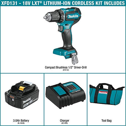 Makita XFD131 18V LXT® Lithium-Ion Brushless Cordless 1/2" Driver-Drill Kit (3.0Ah) - WoodArtSupply