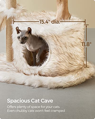 Feandrea Modern Cat Tree, Wood Cat Tower for Large Cats up to 22 lb, 48.4-Inch Luxury Cat Condo with Scratching Post, Perch, Cave, Basket, White UPCT144W01 - WoodArtSupply