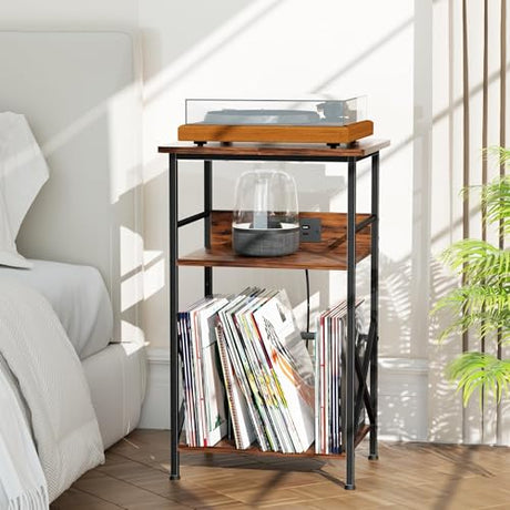 DALEMHOME Record Player Stand with Charging Station, 3-Tier Side Table for 100 Vinyl Storage, End Table for Living Room, Bedroom, Rustic Brown HKET1002BR DALEMHOME
