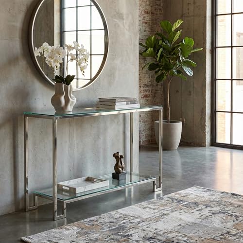 Cortesi Home Reef Contemporary 2 Shelf Glass Console Table, Silver Cortesi Home