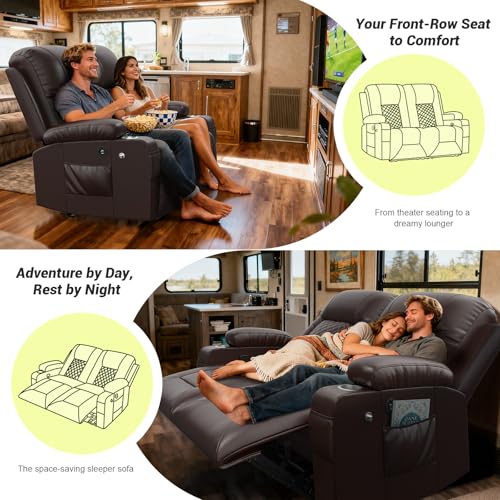 MOSGAT RV Loveseat Recliner Sofa, Reclining Loveseat Wall Hugger Recliners with USB Ports, Cup Holders, Insert Pockets, RV Recliners for Travel Trailers & Living Room, RV Furniture | RV Couch | Brown