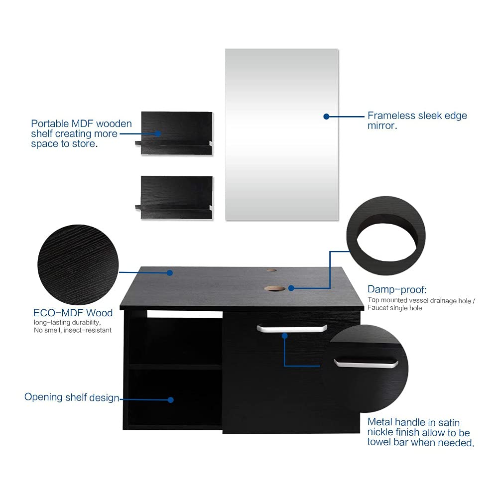 YOURLITE 28 Inch Floating Bathroom Vanity with Sink,Modern Wall Mounted Bathroom Vanity and Tempered Glass Sink Combo with Mirror and Faucet and Pop-up Drain Set,Black and White Ceramic Sink YOURLITE