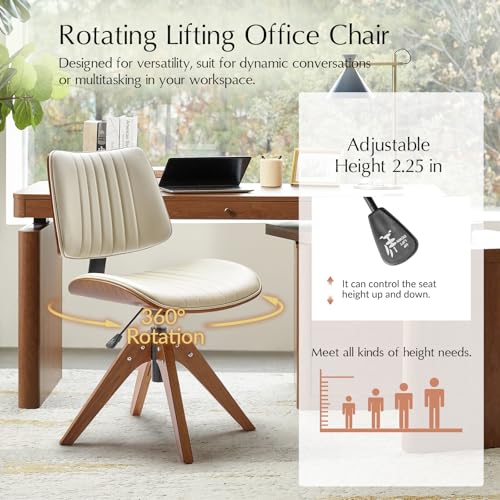 HULALA HOME Faux Leather Home Office Chair with Solid Wood Legs, 360° Swivel Desk Chair No Wheels with Bentwood Design, Mid-Century Modern Wide Seat Computer Task Chair, Ivory HULALA HOME