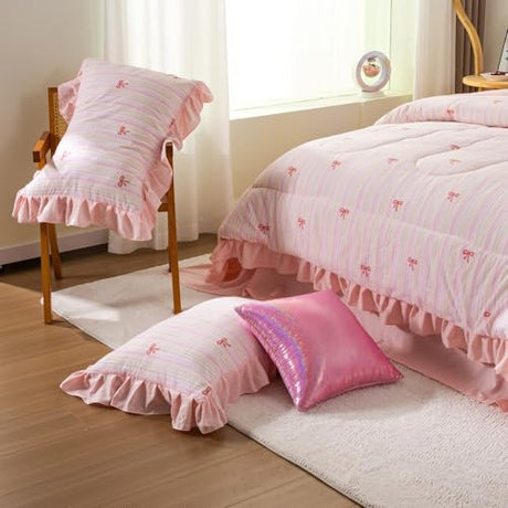A Nice Night Rainbow Stripes & Bows Bedding Set,Ruffle 6 Piece Bed in a Bag Matching Sheet Set,Princess Style Chic Bow Printed,Light Pink Room Decor for Girls,Twin A Nice Night