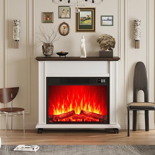 Electric Fireplace with Mantel, Farmhouse Electric Fireplaces TV Stand, White Fireplace Entertainment Center with 23 inch Heater and Removable Roller for Living Room, Bedroom HDDDZSW
