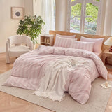 BESTDESIL Pink Striped Duvet Cover Set 100% Washed Cotton Linen Like Super Soft Chic Bedding Set 3 Pcs Greyish Pink-White Full BESTDESIL