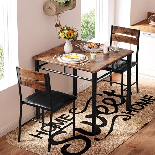 IRONCK Dining Table Set for 2, Small Kitchen Table with Upholstered Chairs Dinning Table Set for Kitchen & Dining Room, Compact Dining Set for Small Spaces, Rustic Brown IRONCK