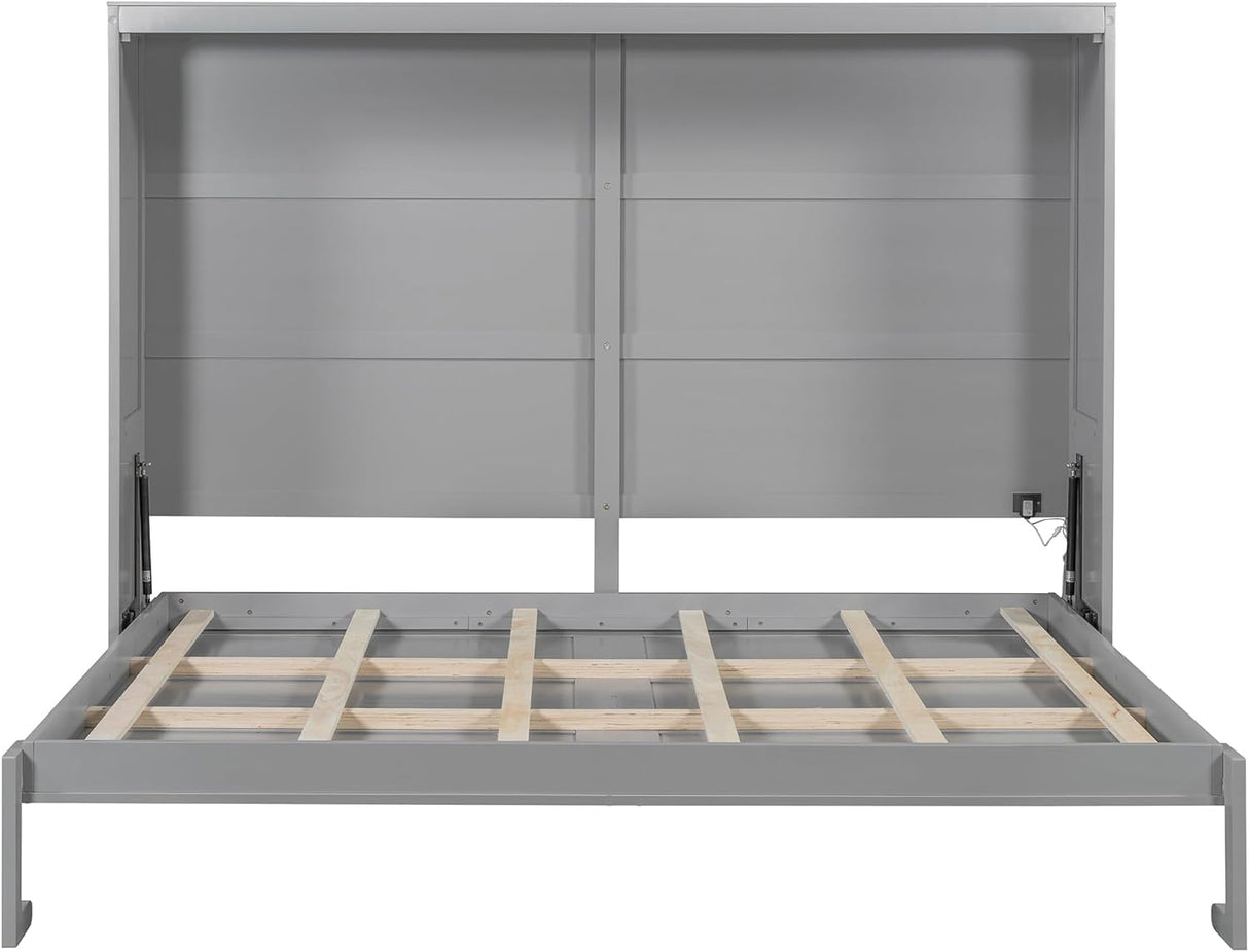 Virubi Queen Horizontal Fluted Murphy Bed with LED Lights,Wood Folding Hideaway Murphy Chest Bed for Adult Guest Room Living Room Bedroom (Grey) Virubi