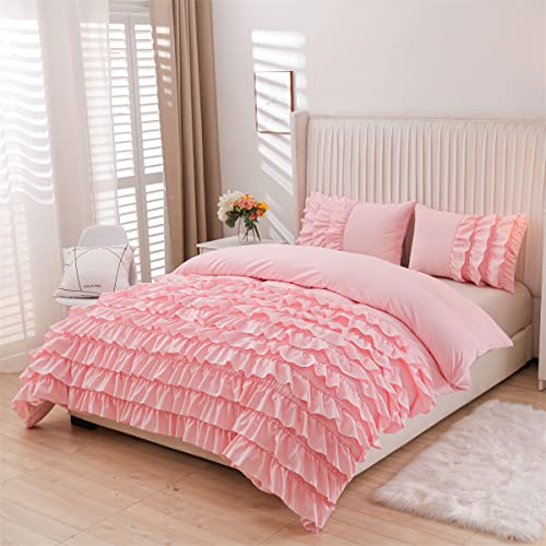 Holawakaka Pink Waterfall Ruffle Comforter Set Twin Size Multi-Layers Ruffled Shabby Chic 3PCS Bedding Set for Girls Women Holawakaka