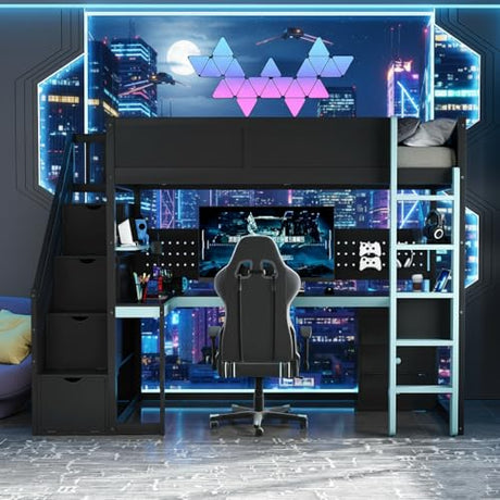 LUMISOL Full Size Gaming Loft Bed with Desk & Stairs, Solid Wood Loft Bed with Shelves & Pegboard, Black+Blue LUMISOL