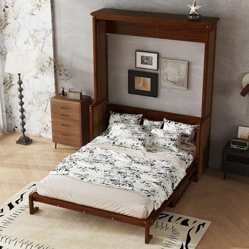 SOFTSEA Queen Size Murphy Bed with Desk, Wood Wall Bed with Gas Struts, Space Saving Foldable Murphy Bed for Small Spaces, Guest Room, Home Office (Walnut) SOFTSEA