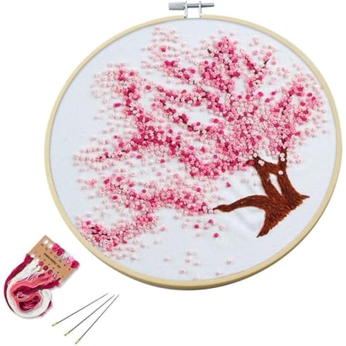 Arte Vita Embroidery Starter Kit Pink Pattern Full Range DIY Beginner Hand Stitch Set Including Stamped Cloth, Bamboo Hoop, Color Threads, Needles, Nature Cherry Blosson Tree