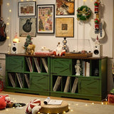 Joaxswe Large Record Player Stand with Vinyl Storage Up to 450 Albums, 39 Inch Farmhouse Wood Green Vinyl Records Storage Cabinet with Barn Doors, Mid-Century Accent Turntable Stand for Living Room Joaxswe