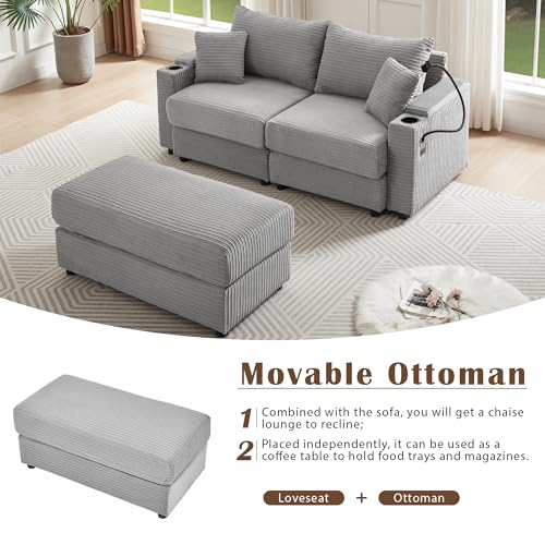 Deep Seat Modular Sectional Sofa Cloud Couch with Movable Ottoman, Corduroy Upholstered Oversized Loveseat Convertible Sleeper Sofabed Lounge Daybed w/Cup Holders & 2 USB Ports & Phone Holder