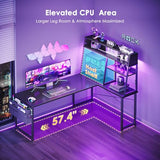AODK L Shaped Gaming Desk with Led Lights, 59 Inch Reversible Gaming Computer Desk with Display Shelves, PC Gamer Desk Gamer Table with Storage Bag, L Desk for Game, Black AODK